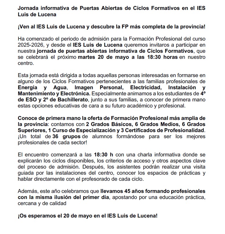 Jornada de puertas abiertas Ciclos Formativos